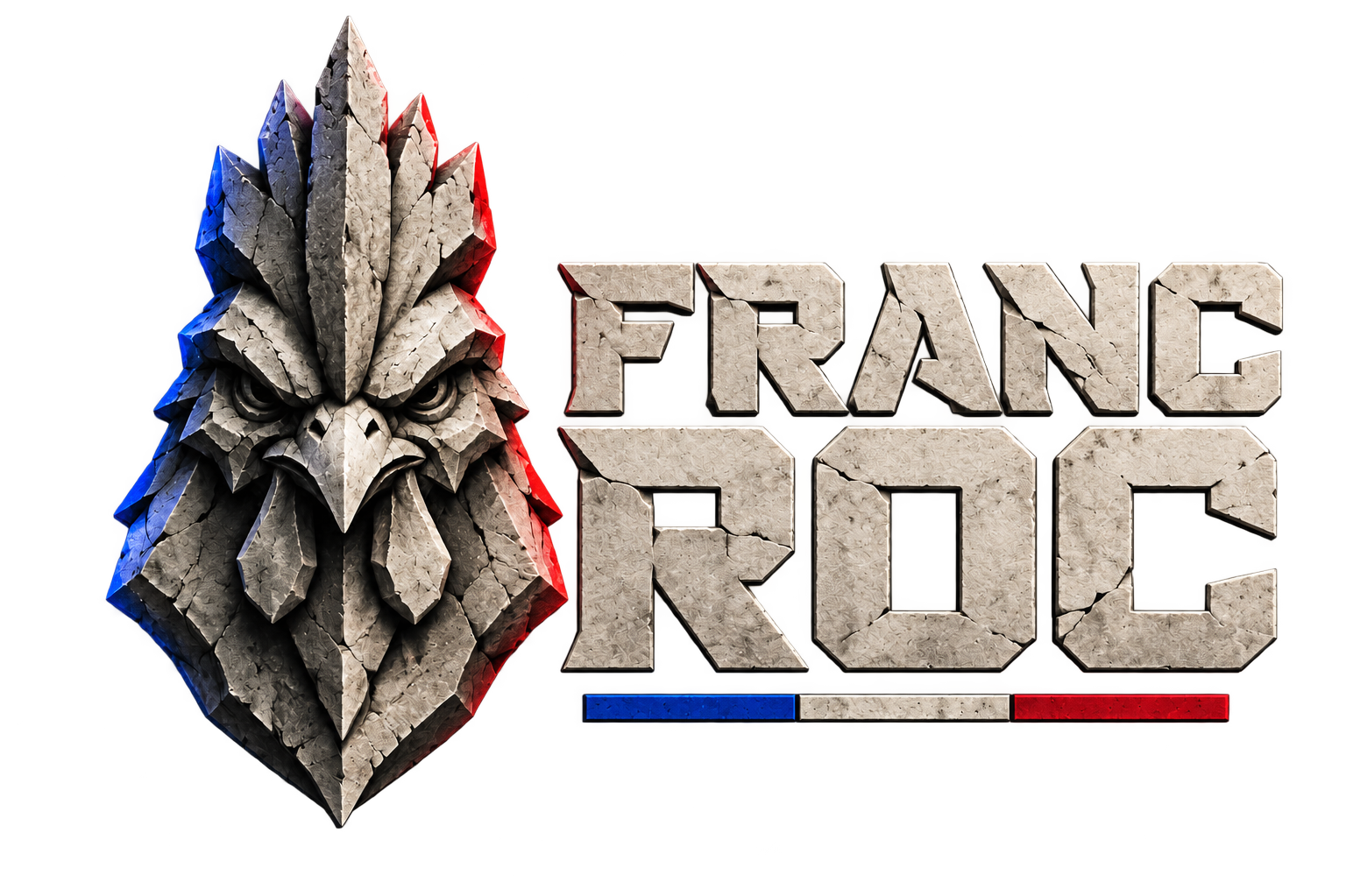 Logo FRANC ROC avec coq de pierre stylisé sur fond transparent, symbole de force et de courage